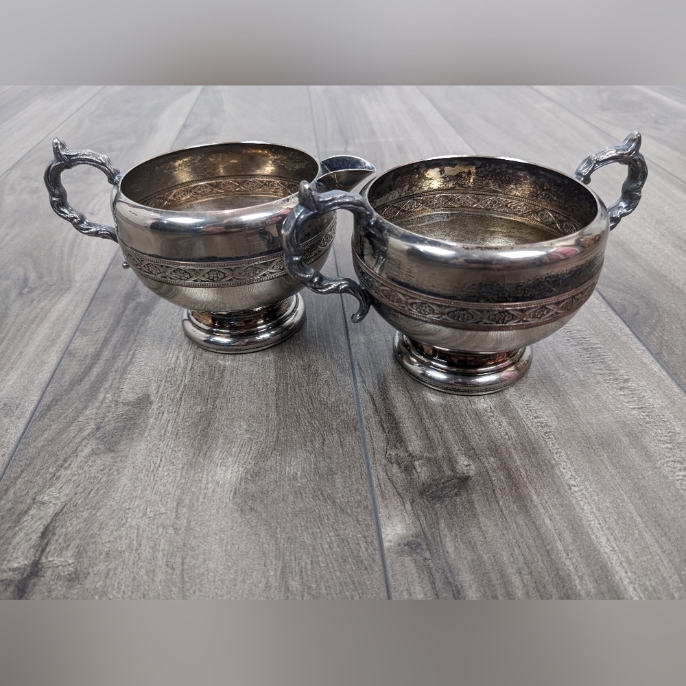 Viking Plate Creamer Dugar Bowl Set Silver Plated Lead Mounts Vintage